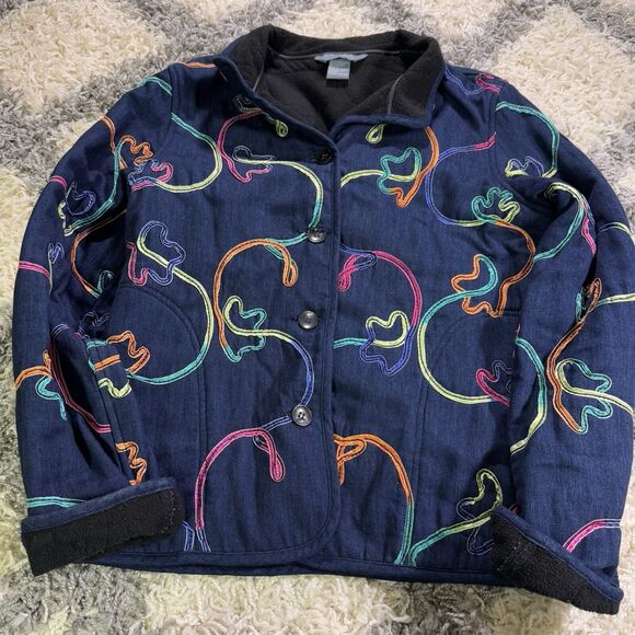 Koret Chambray Button Jacket Multi Color Ribbon Design Fleece Lining Size PS - Picture 1 of 6